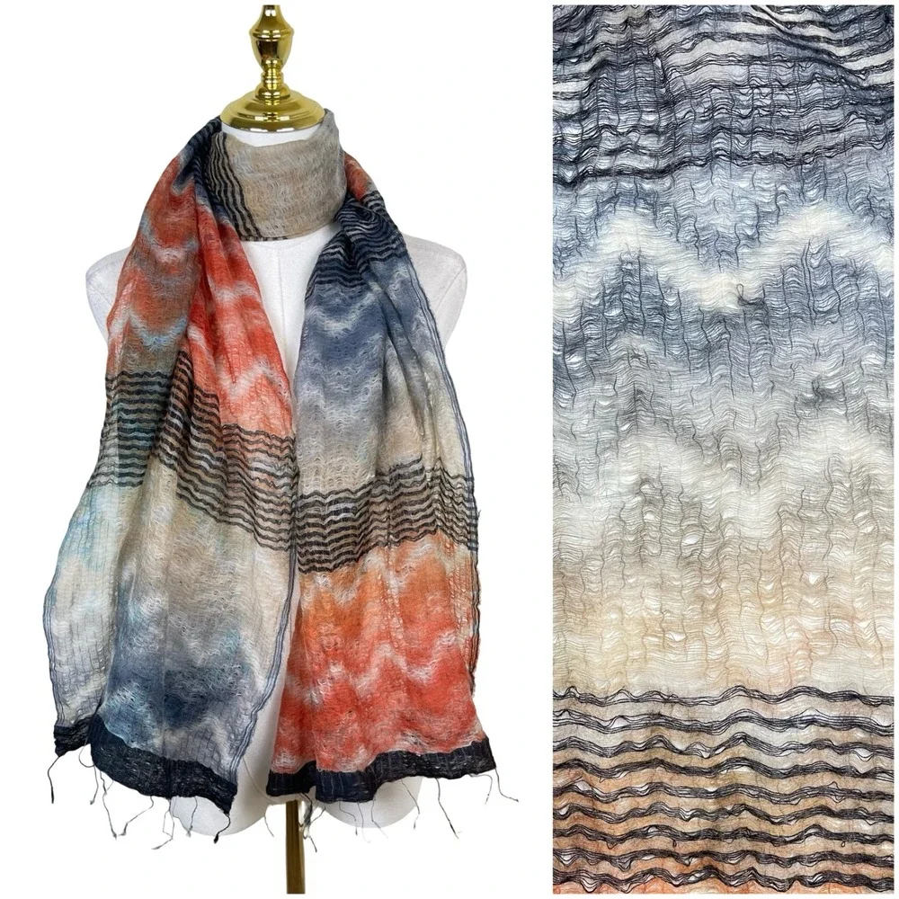 Asian Eye Scarf Women Blue Orange Wool Silk Blend Zig Zag Abstract Sheer Wrap